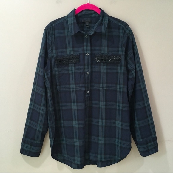 J. Crew Tops - J.Crew Beaded Chevron Popover Shirt Blackwatch Plaid Green Blue Long Sleeve Sz 8